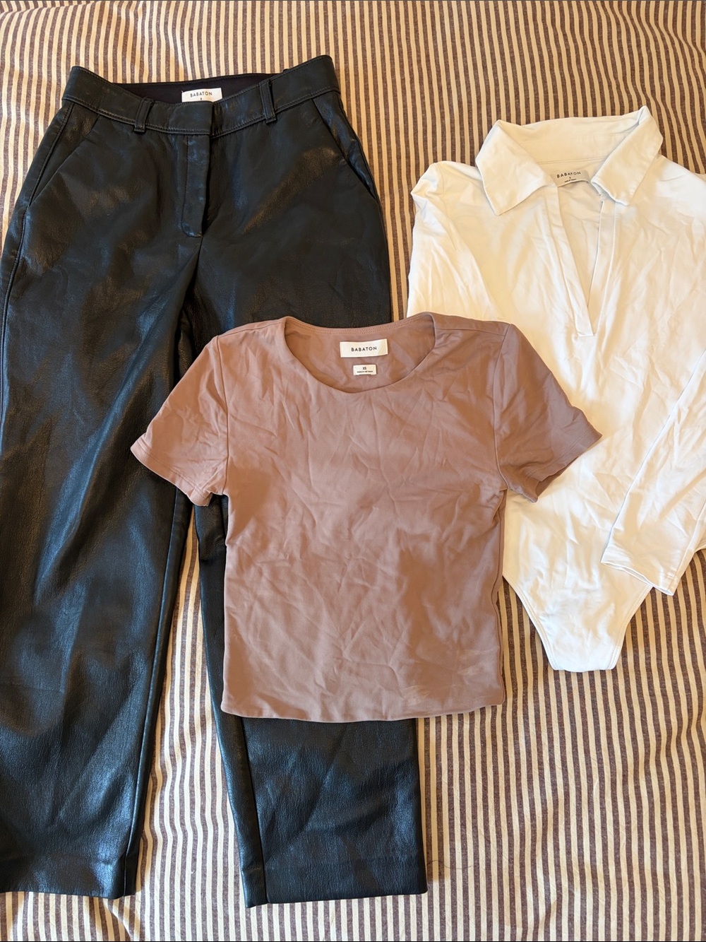 Babaton Sz 2 Bundle: faux leather pants, Contour tee (XS), Contour bodysuit (S)